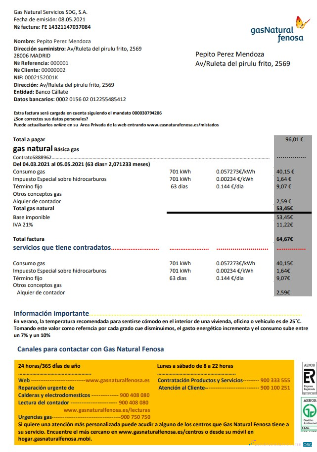 download download Spain gasNatural fenosa utility bill template in Word and PDF format PDF template PDF template